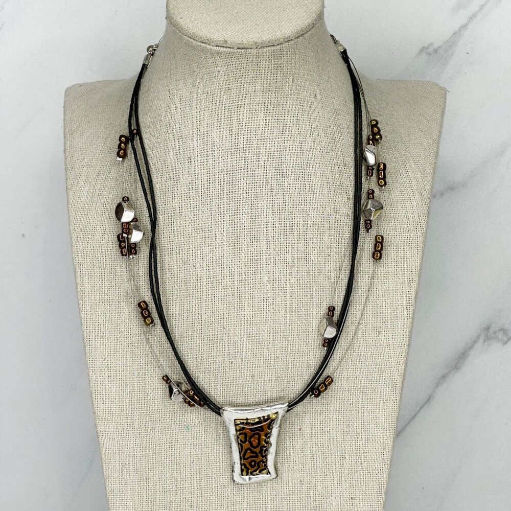 Chicos Black Cord Animal Print Pendant Necklace Silver Tone Boho ✨